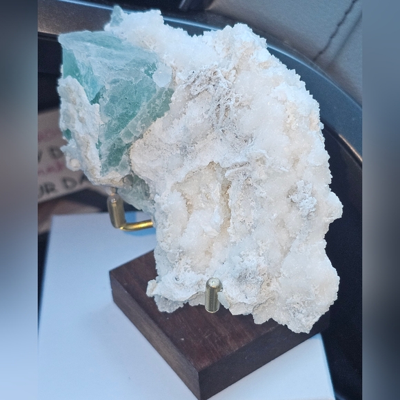 Big green fluorite cube in creedite and calcite matrix - Picture 7 of 16